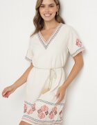 rosa Rochie Roșie de Bumbac cu Croială Dreaptă Decorată cu Broderii Tirkio