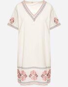 rosa Rochie Roșie de Bumbac cu Croială Dreaptă Decorată cu Broderii Tirkio