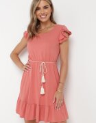 rosa Rochie Roșie Din Bumbac Cloș cu elastic în talie și volane Ashvi