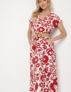 rosa Rochie Roșie din viscoză cu croi evazat cu curea decorativă cu cataramă Zarolena