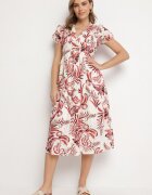 rosa Rochie Roșie Evazată cu decolteu în V decorată cu model floral Evilirae