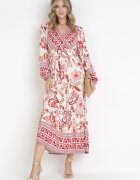 rosa Rochie Roșu-Bej Cloș Maxi cu Elastice în Talie și Volan Apollo
