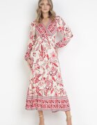 rosa Rochie Roșu-Bej Cloș Maxi cu Elastice în Talie și Volan Apollo