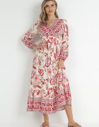 rosa Rochie Roșu-Bej Cloș Maxi cu Elastice în Talie și Volan Apollo