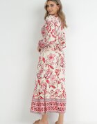 rosa Rochie Roșu-Bej Cloș Maxi cu Elastice în Talie și Volan Apollo