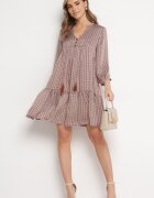 rosa Rochie roșu-bej evazată decorată cu ciucuri și cu model fin Clemova