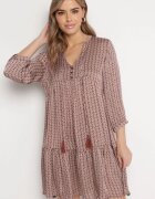 rosa Rochie roșu-bej evazată decorată cu ciucuri și cu model fin Clemova