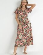 rosa Rochie Roșu-Verde Maxi cu nasturi și șnur Phebia