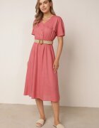 rosa Rochie Roz închis din bumbac Midi cu elastic în talie și curea cu cataramă Daylia