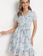 rosa Rochie Scurtă Albastră cu Cordon și Elastic în Talie și Decolteu Petrecut Starice