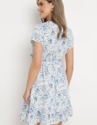 rosa Rochie Scurtă Albastră cu Cordon și Elastic în Talie și Decolteu Petrecut Starice
