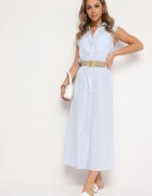 rosa Rochie Tip Cămașă Albastră Din Bumbac cu elastic în talie și curea cu cataramă Xalorea