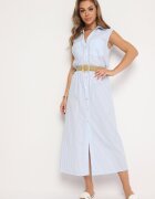 rosa Rochie Tip Cămașă Albastră Din Bumbac cu elastic în talie și curea cu cataramă Xalorea