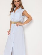 rosa Rochie Tip Cămașă Albastră Din Bumbac cu elastic în talie și curea cu cataramă Xalorea