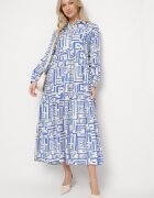 rosa Rochie tip cămașă Albastră Evazată din Viscoză cu Model Geometric Alineria