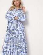 rosa Rochie tip cămașă Albastră Evazată din Viscoză cu Model Geometric Alineria