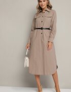 rosa Rochie tip cămașă bej închis cu nasturi cu curea și imitație de buzunare Tintarra