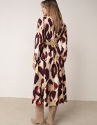 rosa Rochie Tip cămașă Evazată Roșu-Bej cu Imprimeu Abstract și Curea Împletită Miririda