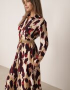rosa Rochie Tip cămașă Evazată Roșu-Bej cu Imprimeu Abstract și Curea Împletită Miririda