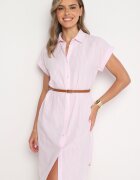 rosa Rochie Tip Cămașă Roz din Bumbac cu Mânecă Scurtă și Curea în Talie Nulefia