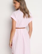 rosa Rochie Tip Cămașă Roz din Bumbac cu Mânecă Scurtă și Curea în Talie Nulefia