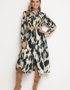rosa Rochie tip cămașă Verde-Bej Cloș cu Imprimeu Abstract și Cordon Împletit Miririda
