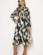 rosa Rochie tip cămașă Verde-Bej Cloș cu Imprimeu Abstract și Cordon Împletit Miririda