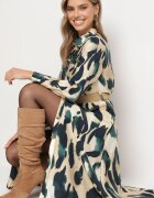 rosa Rochie tip cămașă Verde-Bej Cloș cu Imprimeu Abstract și Cordon Împletit Miririda