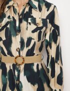 rosa Rochie tip cămașă Verde-Bej Cloș cu Imprimeu Abstract și Cordon Împletit Miririda