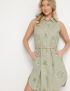 rosa Rochie tip cămașă Verde deschis Din bumbac Cu flori brodate Cu curea cu cataramă Turivana
