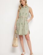 rosa Rochie tip cămașă Verde deschis Din bumbac Cu flori brodate Cu curea cu cataramă Turivana