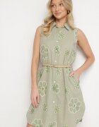 rosa Rochie tip cămașă Verde deschis Din bumbac Cu flori brodate Cu curea cu cataramă Turivana