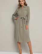 rosa Rochie tip cămașă Verde din bumbac cu centură legată Zintrona