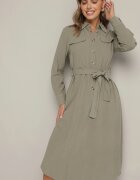 rosa Rochie tip cămașă Verde din bumbac cu centură legată Zintrona