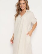 rosa Rochie Tip Cutie Bej din Bumbac cu Mâneci Suflecate Carinea