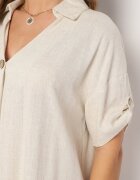 rosa Rochie Tip Cutie Bej din Bumbac cu Mâneci Suflecate Carinea