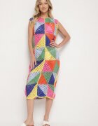 rosa Rochie Tip Cutie Roz-Galbenă din Bumbac cu Motiv Geometric Ajurat Tilurelle