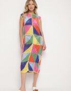 rosa Rochie Tip Cutie Roz-Galbenă din Bumbac cu Motiv Geometric Ajurat Tilurelle