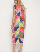 rosa Rochie Tip Cutie Roz-Galbenă din Bumbac cu Motiv Geometric Ajurat Tilurelle