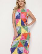 rosa Rochie Tip Cutie Roz-Galbenă din Bumbac cu Motiv Geometric Ajurat Tilurelle
