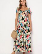 rosa Rochie Vâscoză Bej-Neagră cu imprimeu floral cu legătură la decolteu și volan Meviera
