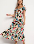 rosa Rochie Vâscoză Bej-Neagră cu imprimeu floral cu legătură la decolteu și volan Meviera