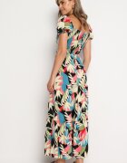 rosa Rochie Vâscoză Bej-Neagră cu imprimeu floral cu legătură la decolteu și volan Meviera