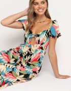 rosa Rochie Vâscoză Bej-Neagră cu imprimeu floral cu legătură la decolteu și volan Meviera