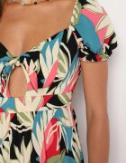 rosa Rochie Vâscoză Bej-Neagră cu imprimeu floral cu legătură la decolteu și volan Meviera
