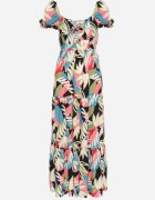 rosa Rochie Vâscoză Bej-Neagră cu imprimeu floral cu legătură la decolteu și volan Meviera