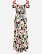 rosa Rochie Vâscoză Bej-Neagră cu imprimeu floral cu legătură la decolteu și volan Meviera