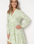 rosa Rochie Verde-Alb Mini Cloș Decorată cu motiv de frunze cu Volan Eralia