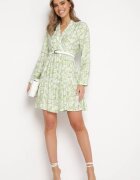rosa Rochie Verde-Alb Mini Cloș Decorată cu motiv de frunze cu Volan Eralia