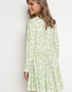 rosa Rochie Verde-Alb Mini Cloș Decorată cu motiv de frunze cu Volan Eralia